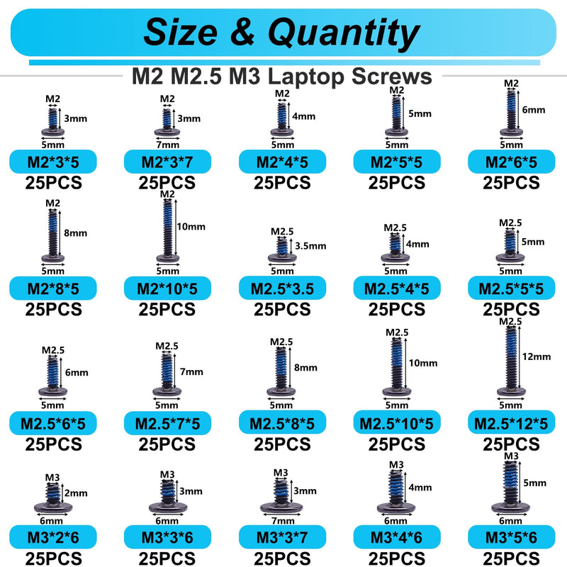 500PCS Laptop Screws Notebook Computer Screws Kit 20 Sizes Blue Nylok Screws M2 M2.5 M3 Laptop Replacement Computer Screws for Motherboard SSD PC Fan Hard Drive