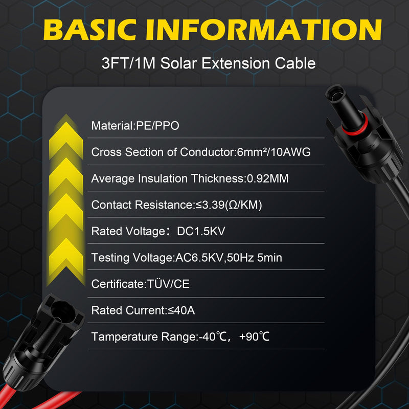 3Ft Solar Cable Solar Extension Cable,10AWG Solar Panel ExtensionCable with Female and Male Connectors,Waterproof Solar ExtensionCable Kit (Red and Black). 3FT-10AWG