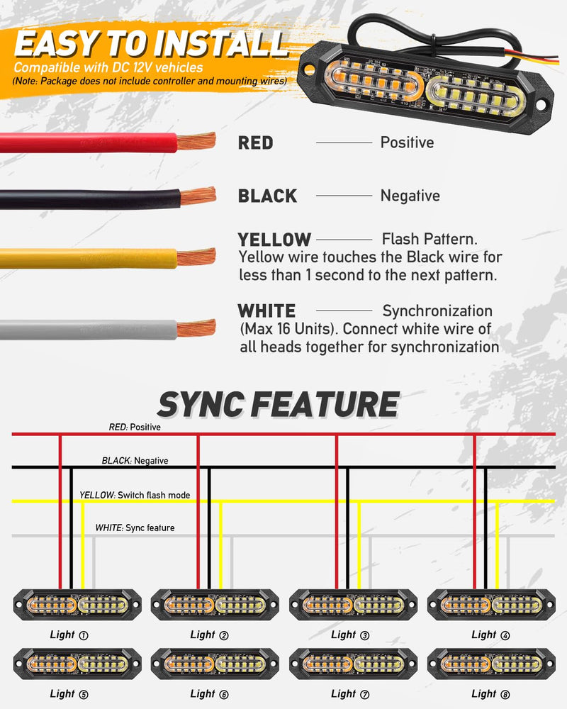 HLauto 1200T Emergency Strobe Grille Lights: 8pcs 12 LED Sync Feature Safety Warning Flashing Lights, Ultra Slim Surface Mount Hazard Caution Light for Trucks, Vehicles, Car, ATV, UTV (Amber White) Amber/White