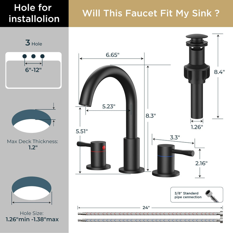 FORIOUS Black Bathroom Faucet 3 Hole, 360° Swivel 8 Inch Widespread Bathroom Sink Faucet and Pop Up Drain 2 Handle Faucets for Sink, Vanity, RV, Lavatory, Farmhouse Matte Black