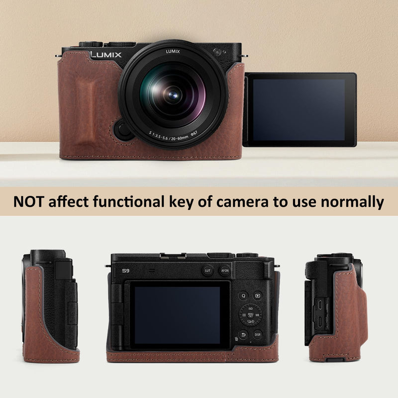 MUZIRI KINOKOO Half Case Compatible for Panasonic Lumix DC-S9 Camera, Genuine Leather Protective Cover for Lumix S9 Mirrorless Camera - with Opening Bottom and Hand Grip Design - Brown