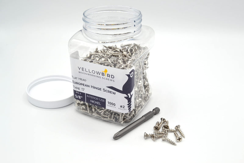 Yellowbird #6 x 5/8" European Concealed Hinge Screw - Flat Head Phillips - Type 17 - Nickel Wood - Bit Included - 1000 Ct.