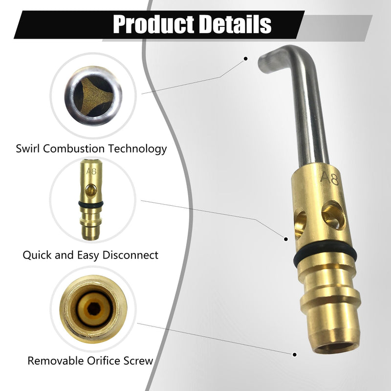 0386-0103 A-8 5/16" Air Acetylene Tip for Torch G-4 or PLF-A5 Handles, Soft Solder 1 to 2 in, Silver Braze 1/2 to 1 in, Manual Lighting, Quick Connect, Removable Orifice Screw A8