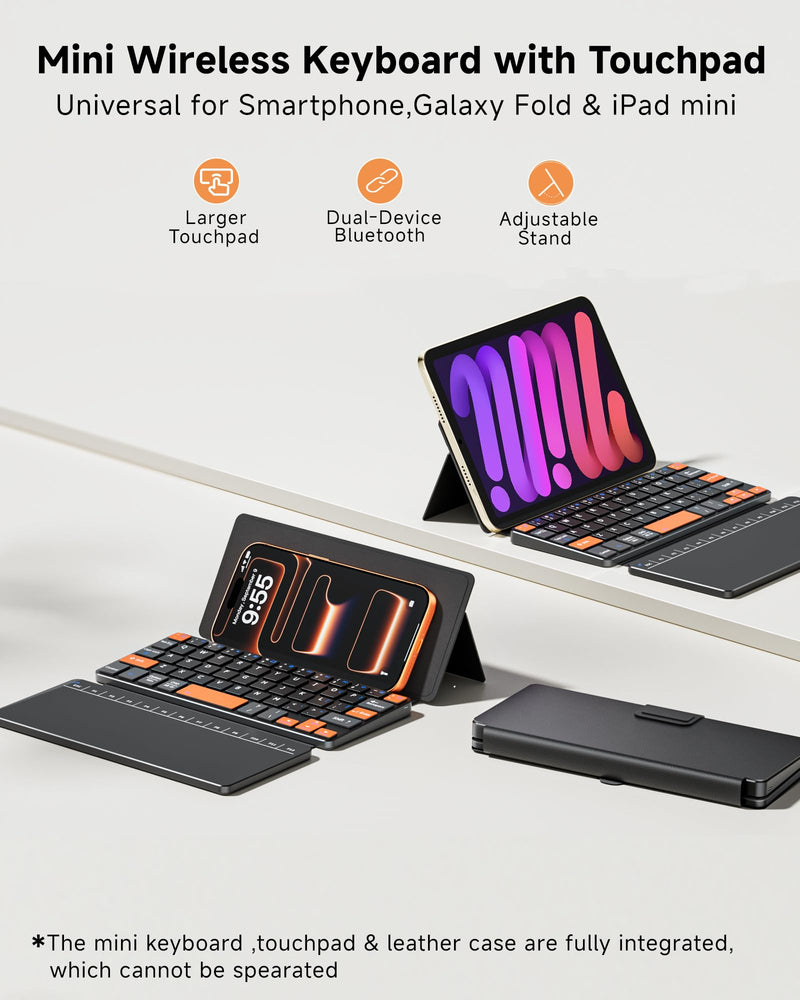 Mini Wireless Keyboard with Touchpad for Phones,Galaxy Z Fold 8 Ultra/8/7/6 | Ultra Compact, Portable Travel, Dual-device Bluetooth, Adjustable Stand, Leather Cover, Keyboard with Trackpad, For iPad mini
