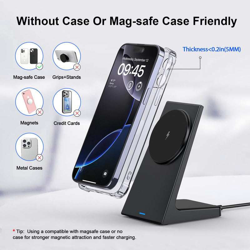 20W Wireless Charger for Apple Devices,Magnetic Charger for iPhone12-17 | 25W PD3.0 Adapter Wireless Charger Stand for Travel, Bedside,Desk, and Nightstand Black