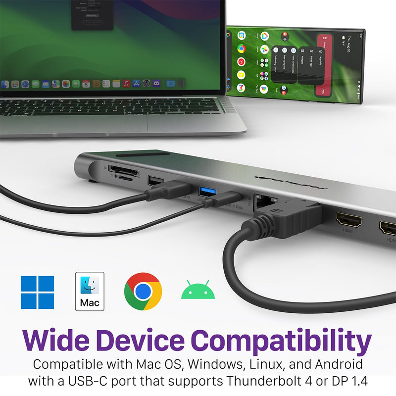 Fosmon USB C Hub (11-in-1) Desktop USB Hub with 2x HDMI (4k@60Hz), DisplayPort (4K@60Hz), x2 USB-C (USB 3.0) x2 USB 3.0, USB 2.0, TF 2.0, RJ45 Ethernet Port compatible with MacBook, Lenovo, HP Laptops