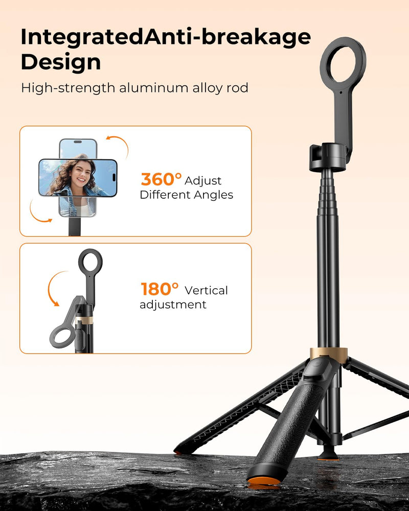 Magnetic Selfie Stick Tripod 72 Inch for iPhone MagSafe, Extendable Phone Tripod Stand with Bluetooth Remote, 360° Rotation Aluminum Selfie Stick for Travel, Vlog, TikTok Black