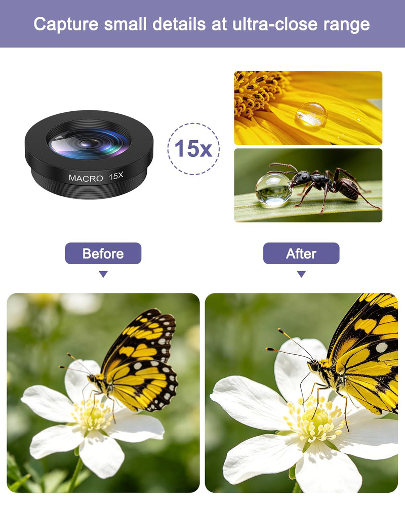 7-in-1 Cell Phone Camera Lens Kit, 15X Macro, 0.63X Wide Angle, 2X Telephoto, 198° Fisheye, CPL, Star & Kaleidoscope Filters, Compatible with iPhone, Samsung & Most Major Smartphone