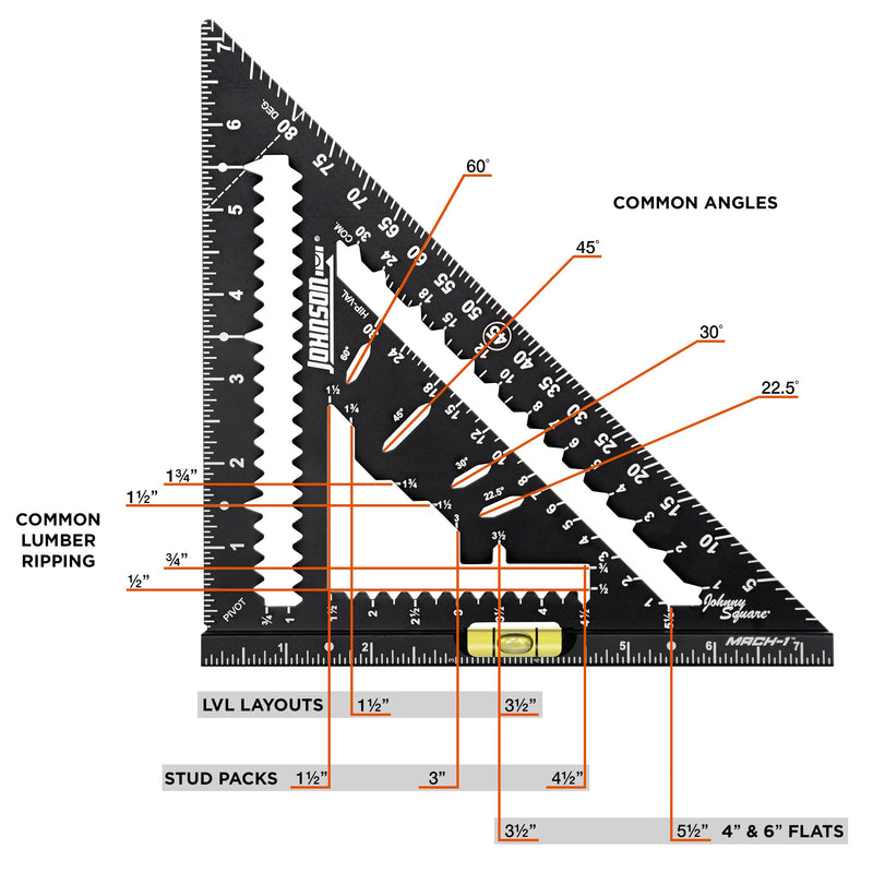 Johnson Level & Tool 1904-0700V 7-1/4" Johnny Square® MACH-1™ Smart Mark™ Rafter Square with Level Vial, Black 7-1/4-inch MACH-1 with Level Vial