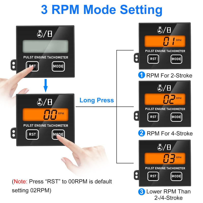  [AUSTRALIA] - Linkstyle Small Engine Tachometer, Backlight Digital Tachometer Tach Gauge Meter with Clip, Inductive Hour RPM Meter for 2 Stroke 4 Stroke Small Engine Black+RST+MODE+Backlight