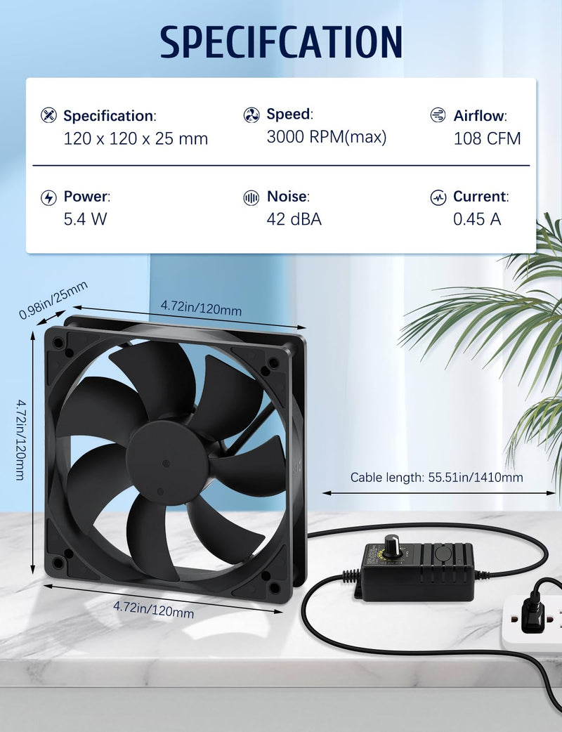 120mm Waterproof Fan with Speed Controller IP67 DC 4v-12v | 110v 120v Small Cooling Fan Dual Ball Bearing for rv Fridge Freezer Grow Tent Biltong Box Server Cabinet Aquarium
