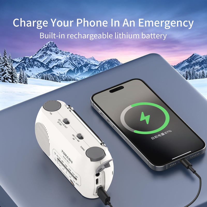 TOMASHI Portable NOAA Weather Radio, Hand Crank Emergency AM FM Radio | USB-C rechargeable, flashlight and SOS alarm. Compact hand crank radio with battery power for home, camping & power outages.