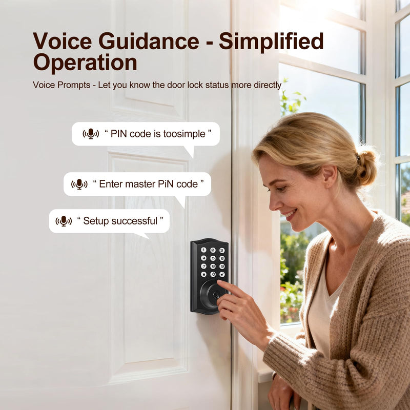 Keyless Entry Door Lock with Keypad, Auto Lock, Voice Prompt, Smart Deadbolt Lock for Front Door with Key, Matte Black – Easy Installation, IP55 Waterproof