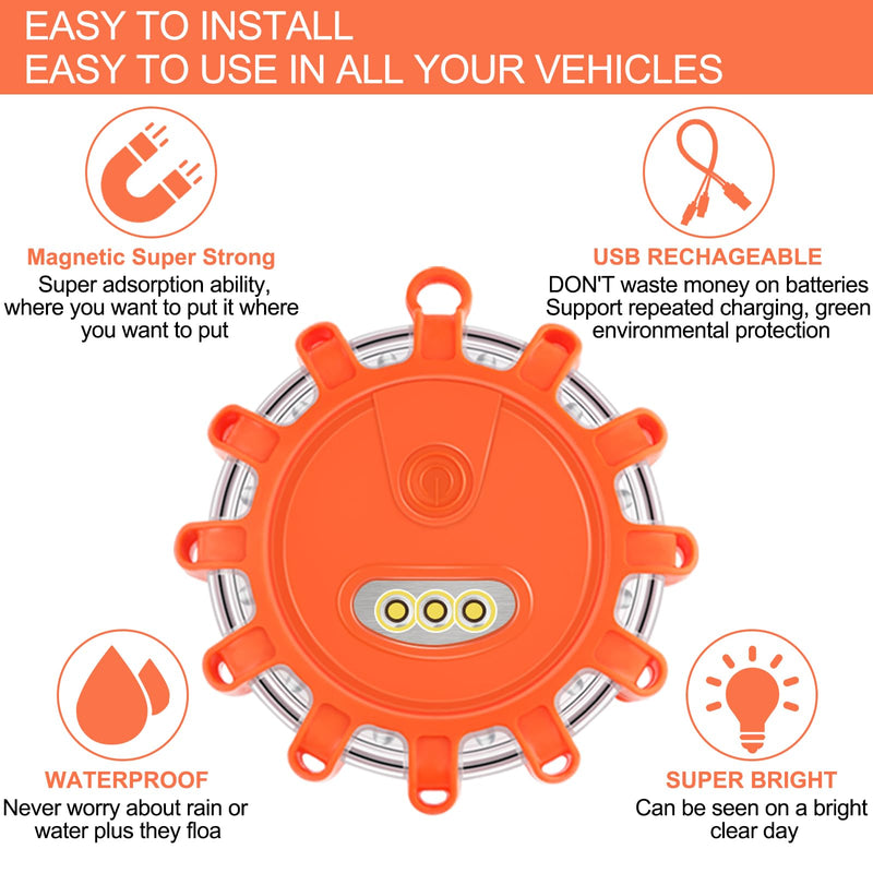 AK LED Road Flares Rechargeable Safety Flashing Warning Light Roadside Emergency Disc Beacon Kit for Vehicles Boats with Magnetic Base & Hook & USB Charging Cables (1 Pack) 1
