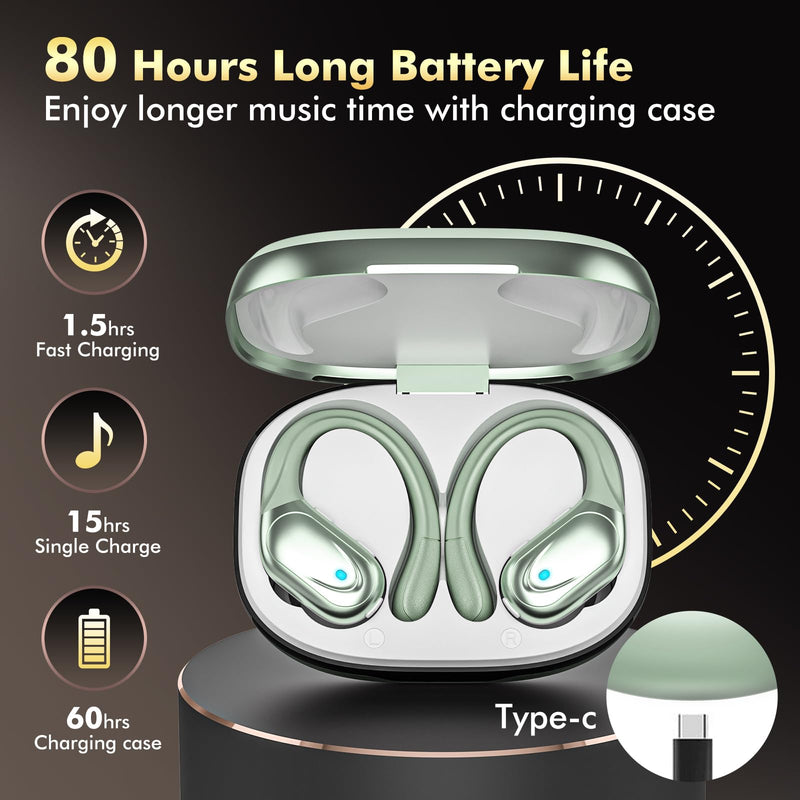 HAOYUYAN Wireless Earbuds, Sports Bluetooth Headphones, 80Hrs Playtime Ear Buds with LED Power Display, Noise Canceling Headset, IPX7 Waterproof Earphones for Workout/Running（Light Green）