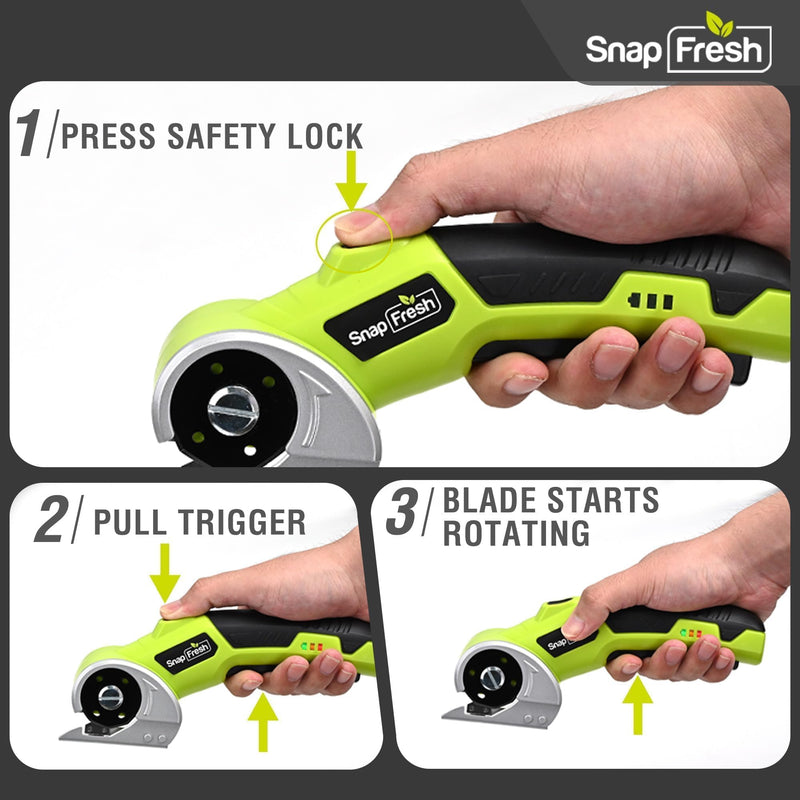 SnapFresh 4V Cordless Electric Scissors, Rechargeable Cardboard Cutter & Box Cutter Rotary Tool, 285 RPM Fabric Carpet Leather Cutter with LED, Extra Blade, 2.0Ah Battery & Storage Bag(SP5091) With Bag