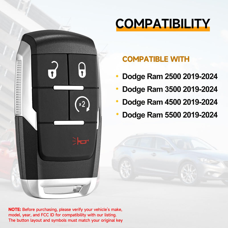 Smart Key Fob Replacement Fits for Dodge Ram 2500 3500 4500 5500 2019 2020 2021 2022 2023 2024 Car Keyless Entry Control Remote GQ4-76T 433Mhz 4BT