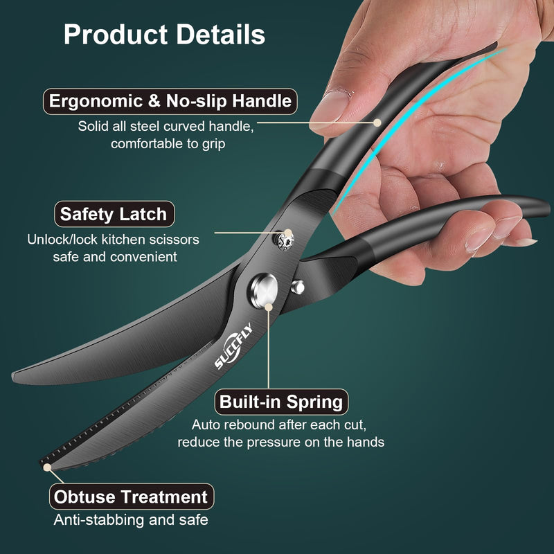 Kitchen Shears Heavy Duty, Premium Kitchen Scissors Stainless Steel, 8.8" Poultry Shears Ultra Sharp for Bone Chicken Meat, Food Scissors Anti-Slip Handle, Black Titanium Plated, Spring Loaded Poultry Shears 10.2 Inch