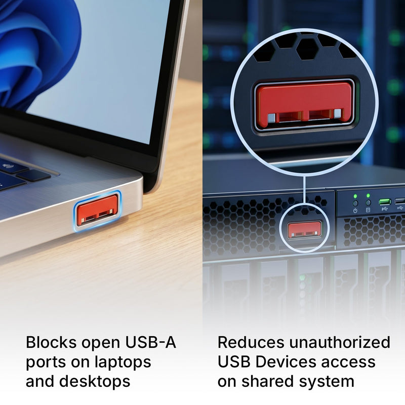 USB A Port Blockers 10 Pack, Two Point Zinc Alloy Locks, 1 Key, Red | Two point locking design, zinc alloy construction, helps deter unauthorized USB access, removable with included key Red - 10 Pack
