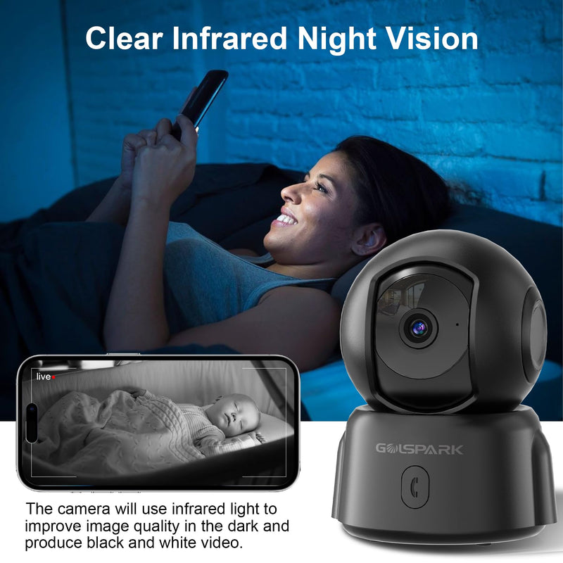 GOLSPARK Dog Pet Camera for Home Security 2K,2.4GHz WiFi Camera Baby Monitor for Room with Motion Tracking Detection Night Vision,Two-Way Audio SD/Cloud Storage Black-2Pack