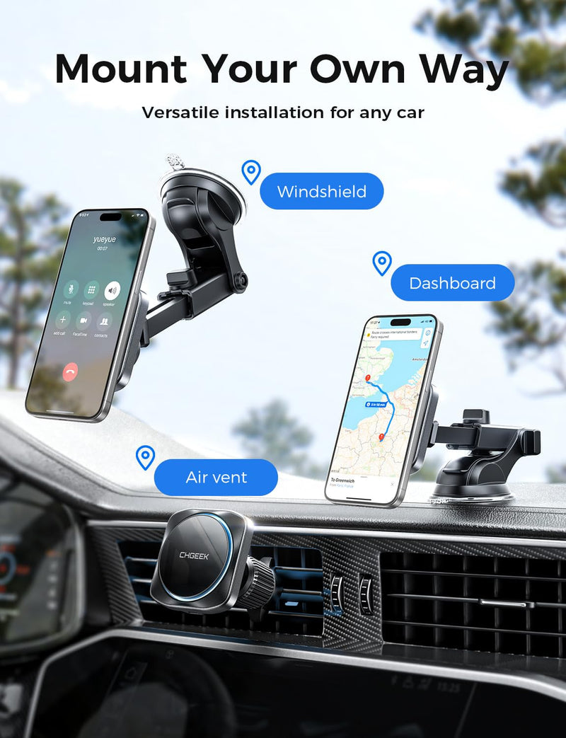 Chgeek for MagSafe Car Mount Charger[15W Fast Charging & 2400gf Magnetic] | 360°Adjustable Car Phone Holder With Cooling Fan, Magnetic Wireless Car Charger for iPhone 17 16 15 14 13 12 Pro Max Plus