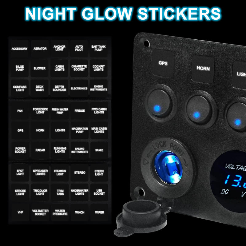 Upgraded 5 Gang Rocker Switch Panel - Type-C/QC 3.0 USB, Digital Volmeter, 12V Outlet, Pre-Wired with Circuit Breakers for RV/Car/Boat/Truck, 2-Year Warranty (Blue) Blue