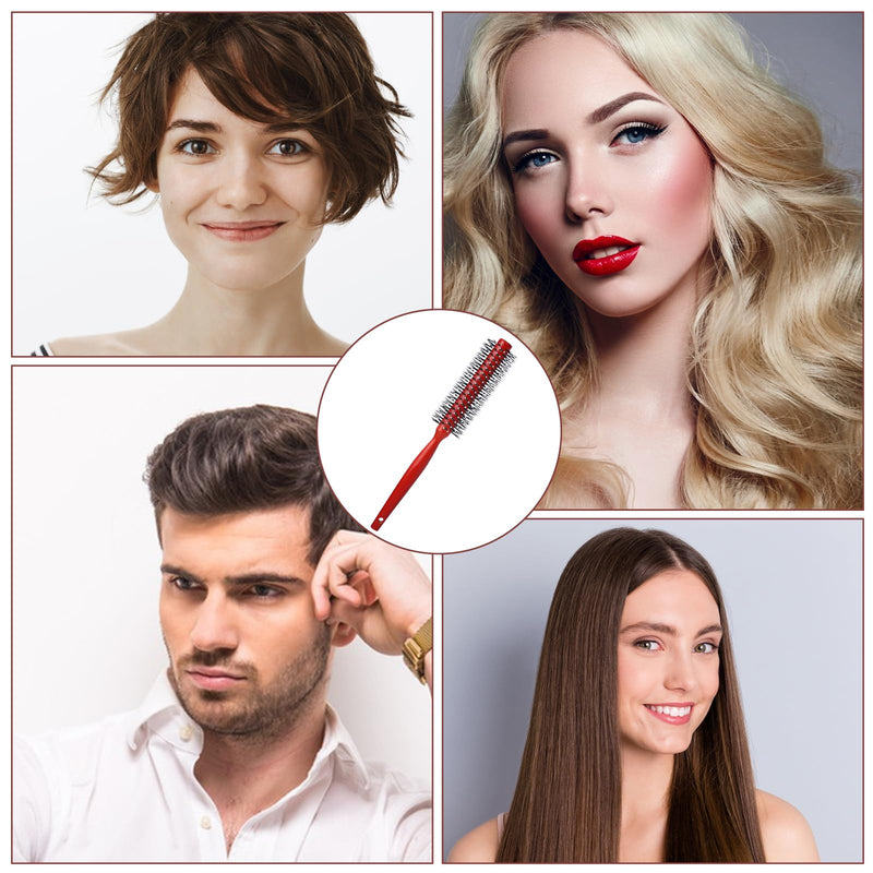 Small Round Hair Brush for Blow Drying, Mini Curling Brush with Ball Tip Nylon Bristle and Wood Handle, Mini Quiff Roller for Short Hair, Thin Hair, Bangs, Lifting, Styling, Beard (Red)