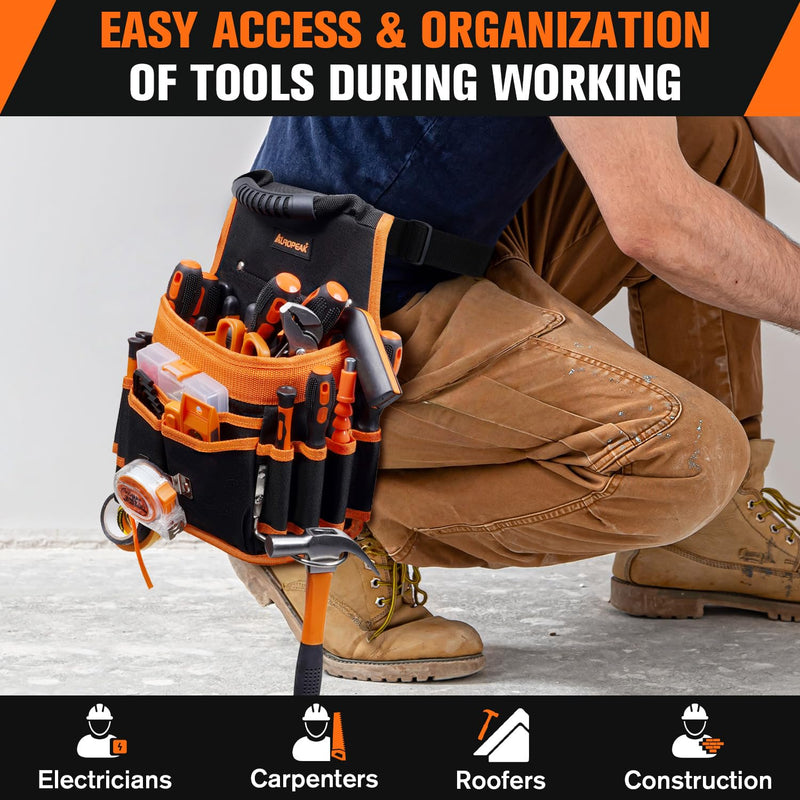 AUROPEAK Tool Belt Pouch, 22 Pockets with Hammer Loops & Tape Clip | Durable Nylon Material, Adjustable Belt Fit, Lightweight Single Side Design, Perfect For HVAC Contractors and Carpenters