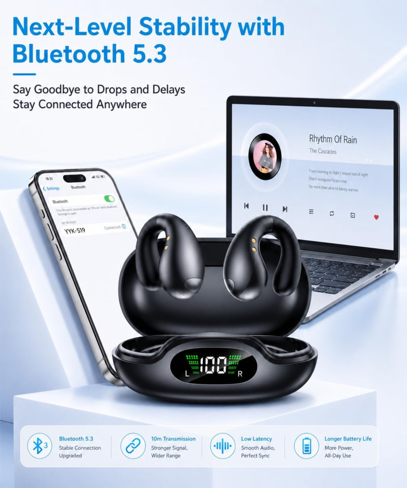 Boytond Ultra Open Ear Earbuds - Comfortable Clip-On Bone Conduction Earbuds, Over-The-Ear Open Headphones with Waterproof Build for Running, Gym Workouts, and Outdoor Sports, Obsidian Black
