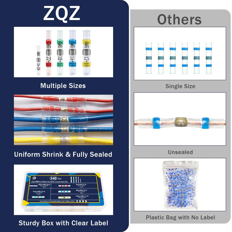 ZQZ 540PCS Solder Seal Wire Connectors Kit, Heat Shrink Solder Stick, Waterproof Soldering Butt Connectors, Electrical Crimpless Solders Wire Terminals Assortment Kit, Marine Butt Splice Connector Solder Seal 540PCS