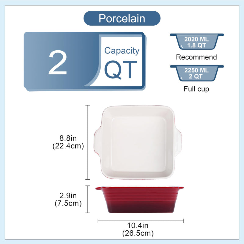 LOVECASA 8x8 inch Baking Pan, 2 Quart Square Cake Pan Baking Dish for Oven, Stoneware Brownie Pan Non-Stick, Casserole Baking Pan with Handle,Ceramic Bread Pans for Baking, Red Square/Red