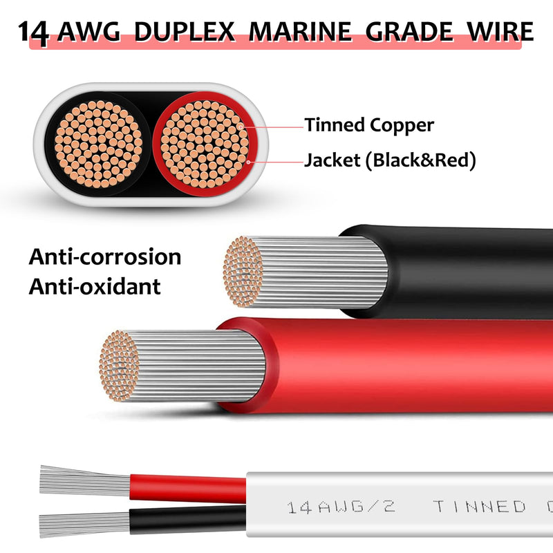 14 Gauge 20ft Marine Wire,2 Core Insulated Duplex Marine Grade Wire Tinned Copper Standard Electrical Wire Outdoor for Boat/Maine/Automotive/RV/Camper/Trailer 14 Gauge