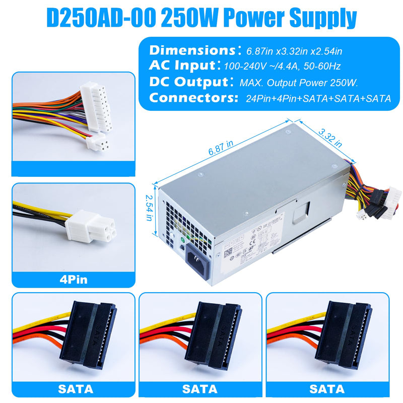 D250AD-00 H250AD-00 250W Power Supply L250NS-00 F250AD-00 PSU Compatible with Dell Optiplex 390 3010 990 790 DT 530s 537s 540s 545s 546s 560s 570s 580s Vostro 200s 220s 230s 400s Studio 540s Slim DT