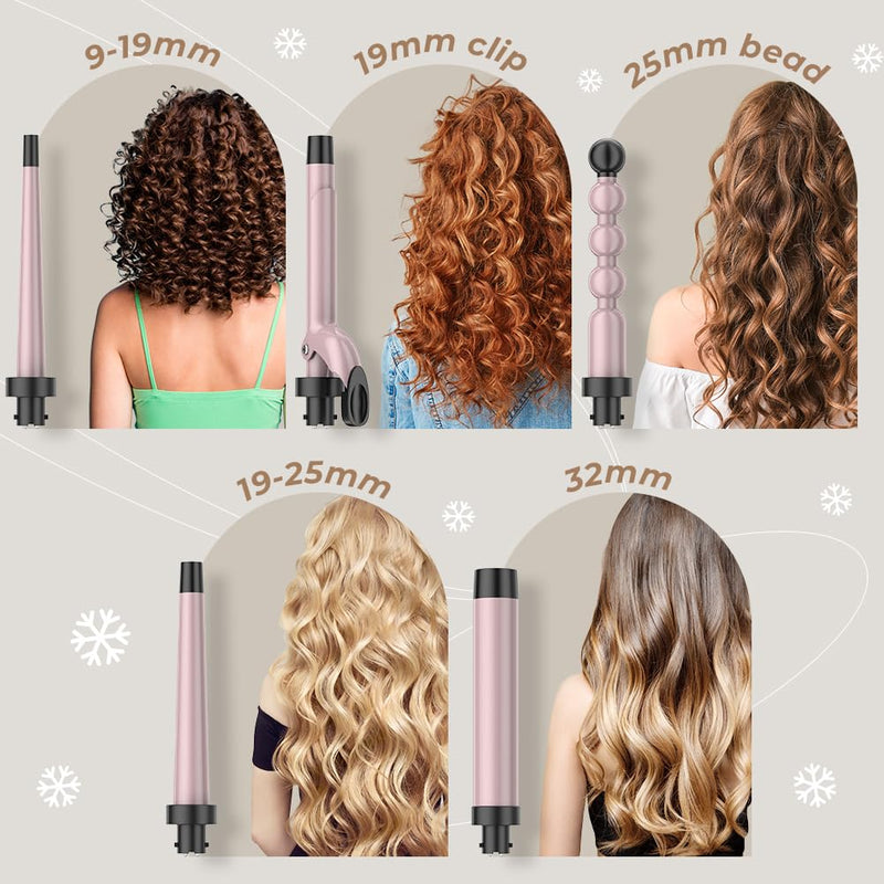 Hair Curling Wand Iron Tongs with Anti-Scald Head, 5 in 1 Hair Curler for Long Hair 10mm-32mm with 2 Crocodile Clips 1 Anti-Scald Silicone Gloves, PTC Ceramic LCD 180°C & 210°C Pink