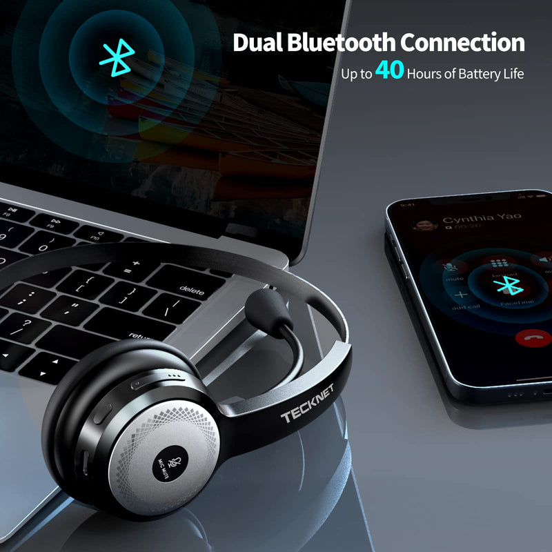 TECKNET Bluetooth 5.2 Headset with Microphone for PC, USB Wireless Headset with Mic for Work, 40Hrs Worktime AI Noise Cancelling On Ear Bluetooth Headphones with Charging Base for Laptop/Call Center Luxury Configuration