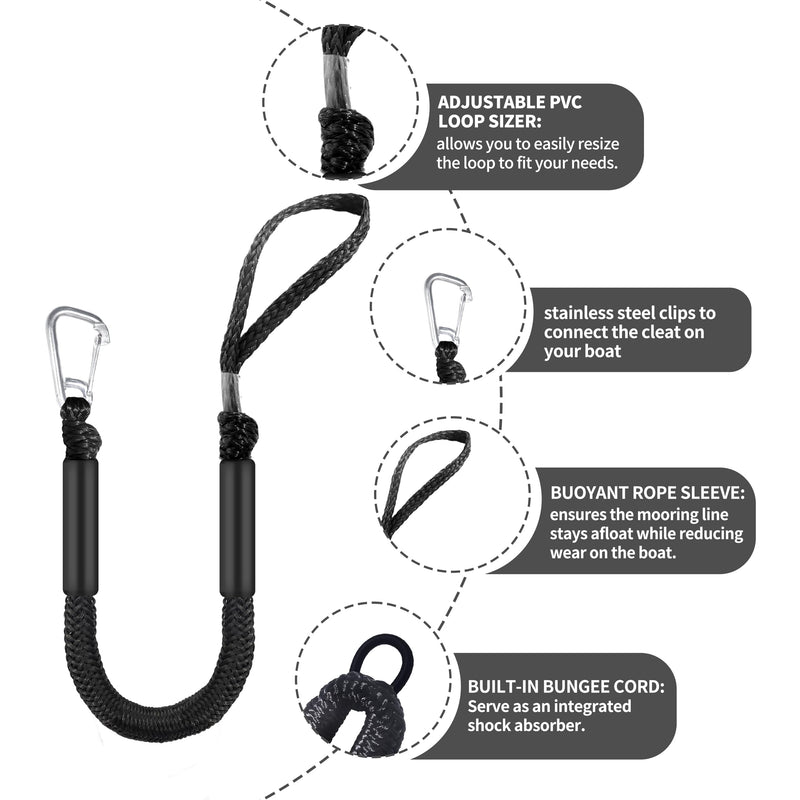 Single Hook Bungee Dock Lines – Adjustable Boat Tie Downs for Pontoon, Jet Ski, PWC, Kayak | Small Cruiser Mooring Lines | 2.5/3/4/7/14ft (2, Black, 2.5 FEET)