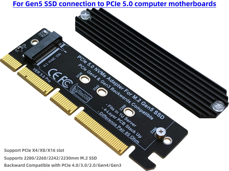 PCIe 5.0 M.2 NVMe Adapter Expansion Card for PCIe5 Gen5 SSD, Backward Compatible with PCIe 4.0/3.0/2.0/Gen4/Gen3, Fits in 1U Server. (X16) X16