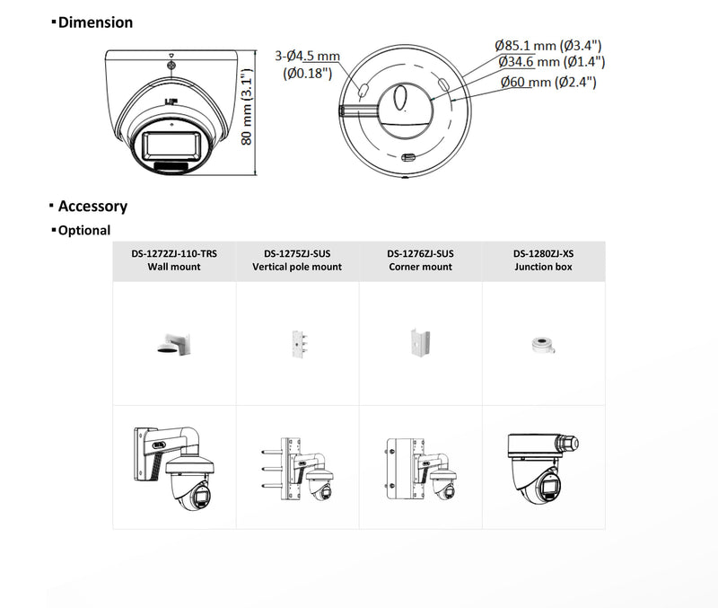 DS-2CE76K0T-LMFS 3K Smart Hybrid Light Turbo HD TVI Camera, Analog BNC coaxial, 4 in 1 (TVI/AHD/CVI/CVBS), IP67 Rated Weatherproof, 2.8mm Wide Angle Lens, Built-in Mic, Only Work with 8MP 4K DVR 3K TVI Camera
