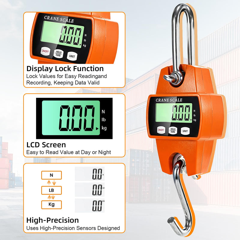 Digital Hanging Scale, 1100lb/500kg Handheld Crane Scale, Small Crane Scale with LCD Display and Hooks, Aluminum Alloy Body for Hunting, Outdoor, Luggage, Farm (Orange) Orange-1100lb