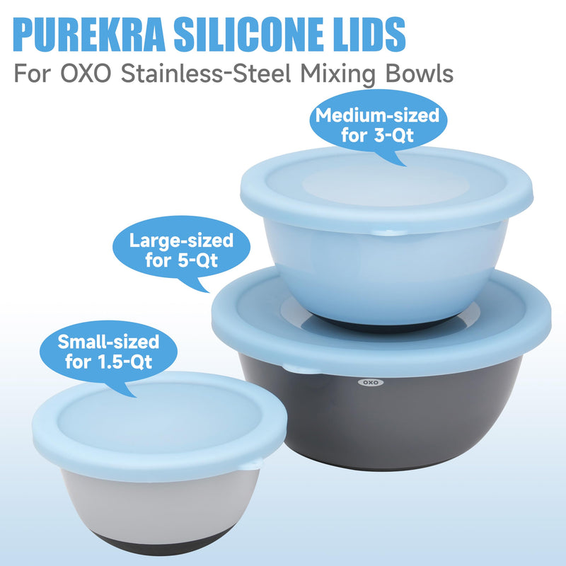 3 Pack Silicone Replacement Lids for OXO 1.5-Quart, 3-Quart & 5-Quart Good Grips Stainless-Steel Mixing Bowls, See-Through Silicone Lids, Dishwasher & Microwave Safe (Bowls Are Not Included) 3 Pack Lids 01