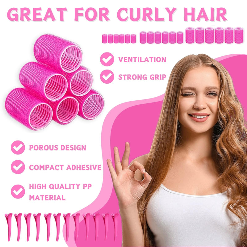 KEYRI 48PCS Hair Rollers Set Hair Rollers with Clips Self Grip Jumbo Hair Roller No Heat Heatless Hair Roller for Long Medium Short Hair Styling Hairs Salon Hairdressing Curlers (Pink, 3 Size) Pink 1 count (Pack of 48)