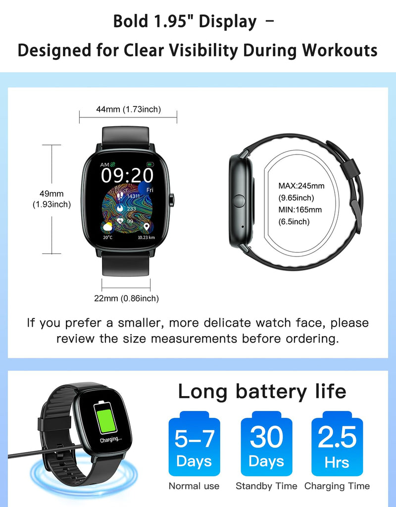 HUAKUA Smart Watch for Men Women with GPS Built-in Answer/Make Call Black | 1.95" HD, for iPhone/Android Phones, Fitness Tracker Heart Rate/Sleep Monitor, Step/Calories Counter 100+ Sport, Waterproof