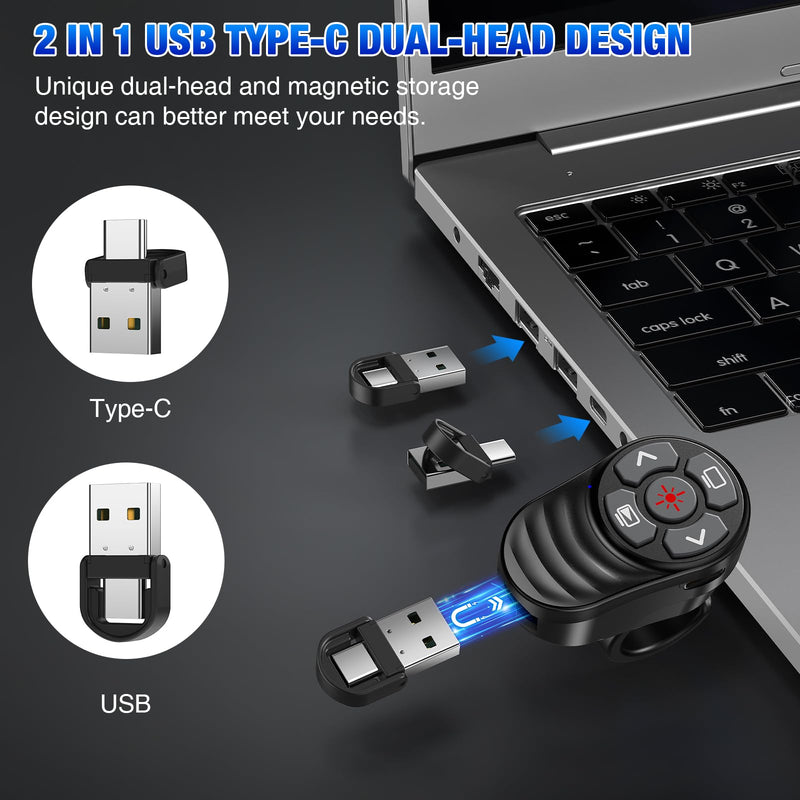 Rechargeable USB Type C Wireless Presentation Clicker, Finger Ring Clicker Powerpoint Clicker with Red Light & Volume Control, Wireless Presenter Remote Pointer for Slide MAC Computer PC Laptop Portable Finger Ring