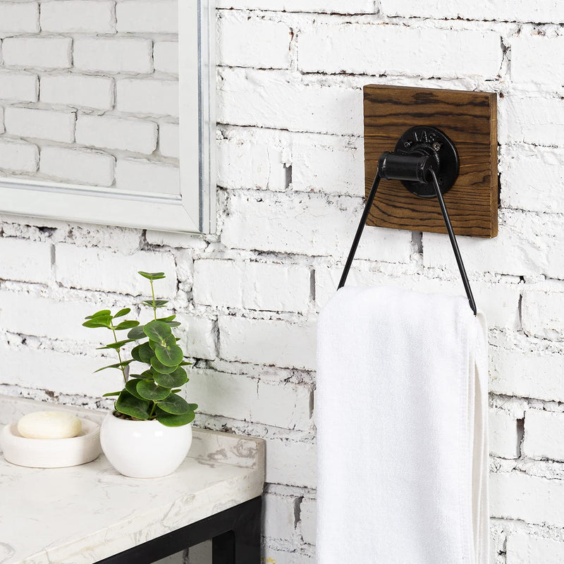 MyGift Bathroom Hand Towel Holder, Towel Rack Ring 5.5x8.7 inch for Kitchen, Laundry Room, Matte Black Industrial Metal with Rustic Solid Burnt Wood Dark Brown