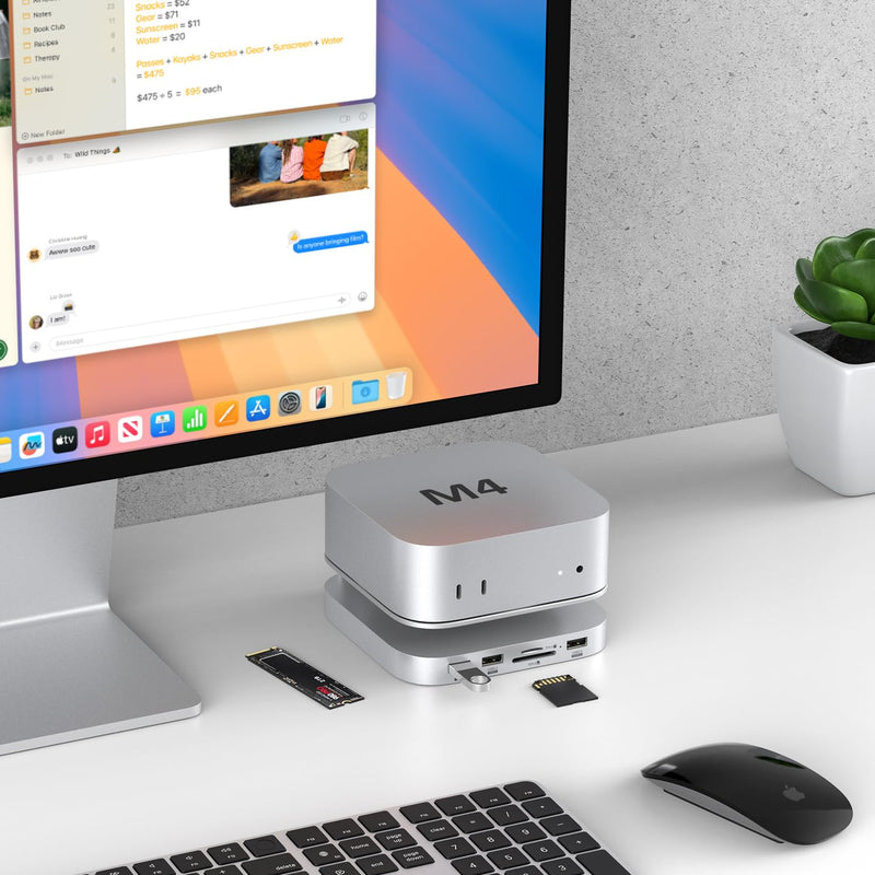 Akyyajaure Mac mini Hub: 9 in 1 Aluminum Stand & Dock for Mac mini M4 Pro with M.2 NVMe SSD Enclosure, 10Gbps USB-A*2, SD/TF Card Readers, USB 2.0 MC60