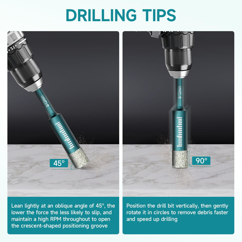 Diamond Drill Bits Set 10Pcs,Drill Bits for Drilling Holes in Procelain,Glass,Ceramic and Tile,3/16”1/4”5/16” 3/8”1/2”Hex Shank Tile Drill Bit for Precise Drilling