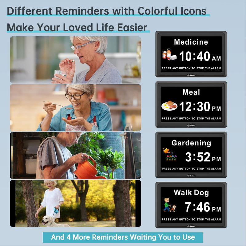 Soobest Dementia Digital Clock for Seniors Elderly, 20 Alarm Reminders 3 Ringtones for Memory Loss Alzheimers, Electric Time Date Day Large Display Calendar Clock, Auto DST, 1024 * 600P HD 7" Hd Black (Plug-in)