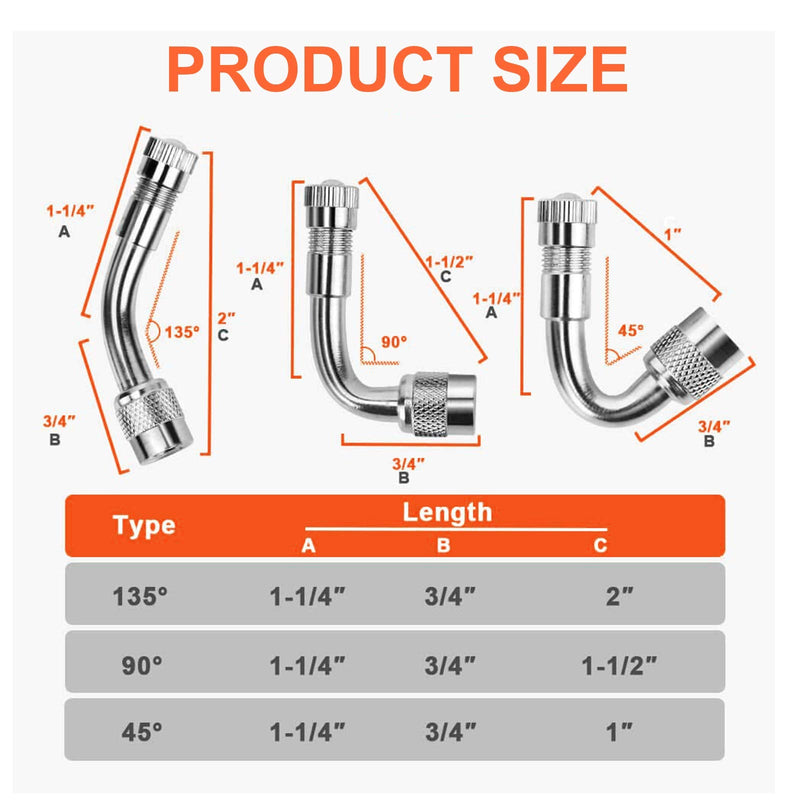 6 PCS 45 Degree 90 Degree 135 Degree Metal Valve Stem Extenders, Universal Valve Stem Extensions Compatible for Dual Wheels Passenger Cars, Stroller, RV, Motorcycles, Bicycles, Trailers 6PCS Silver