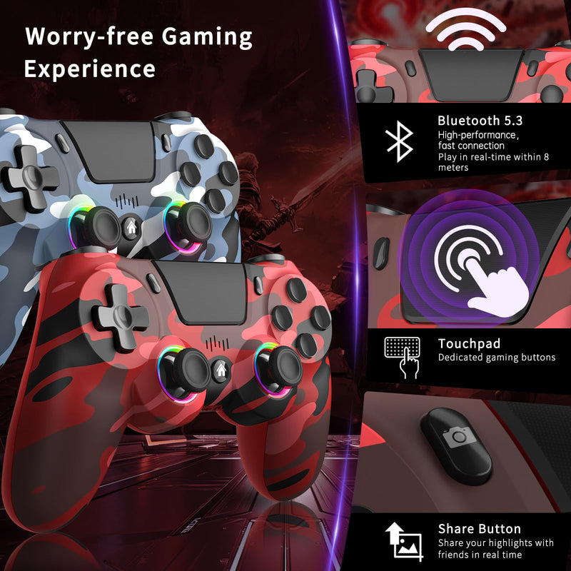 2 Pack Wireless Controller for PS4, Game Remote Controller Compatible with PS4/Slim/Pro/PC, Programmable, RGB Light, 1000mAh Battery, Dual Vibration, 6-Axis Gyro, Share, Touch Pad,Speaker&Audio Jack Camo Red&Blue