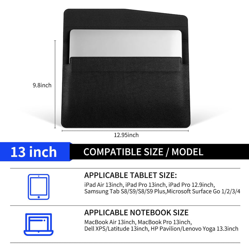 Genuine Leather Laptop Sleeve for MacBook Neo,MacBook Air/Pro 13" | Full-Grain Genuine Leather Laptop Cover with Magnetic Buckle Closure,Computer Protective Bag,Lychee Grain Black Lychee Grain Black for MacBook Pro/Air 13"